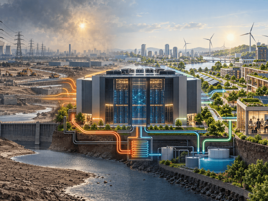 Image generated using Microsoft Copilot to show hi-tech data centre in foreground, by low-water river; cityscape in background; left half of industrial landscape looks barren and polluted, right is green and healthy.