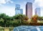 Colour filtered image of ground-level solar PV panels in foreground, with high-rise cityscape behind, plus trees and greenery between.
