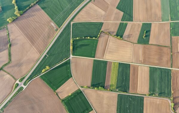 Aerial shot of patchwork of green and brown farm fields.