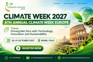 Promotional advert for Climate Week in Rome, Italy, 20-21 October 2027; illustration shows Colosseum on right, framed with greenery; outline image of Planet Earth above in green in blue.