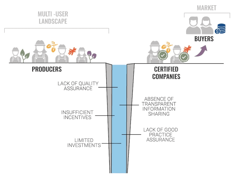 Diagram illustrates gap between producers and certified companies, listing problems like lack of quality assurance and information sharing.
