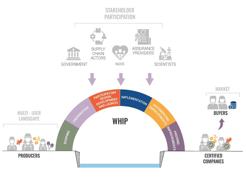 Diagram illustrates how WHIP bridges gap between producers and certified companies, plus role of stakeholder participation.