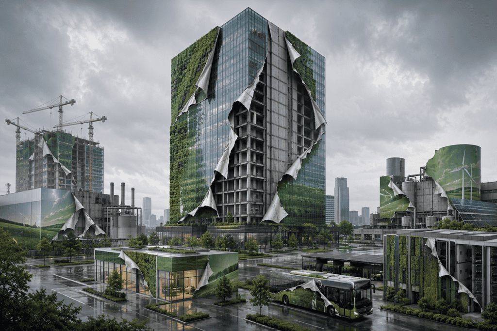 Image generated using Microsoft Copilot shows clean green walls peeling away to reveal the dirty cityscape and industrial landscape beneath.