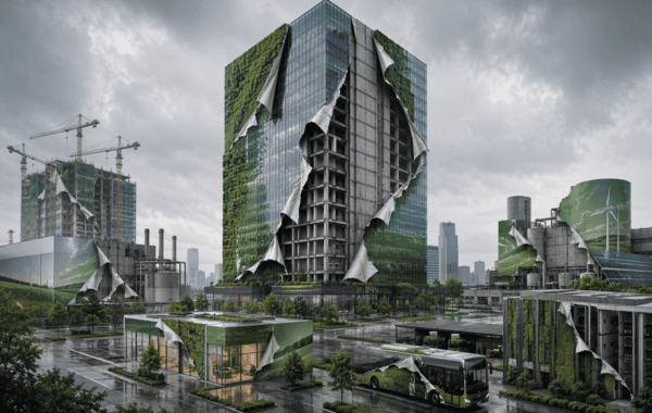 Image generated using Microsoft Copilot shows clean green walls peeling away to reveal the dirty cityscape and industrial landscape beneath.