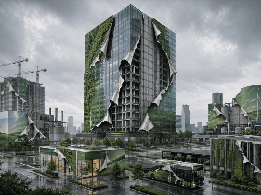 Image generated using Microsoft Copilot shows clean green walls peeling away to reveal the dirty cityscape and industrial landscape beneath.